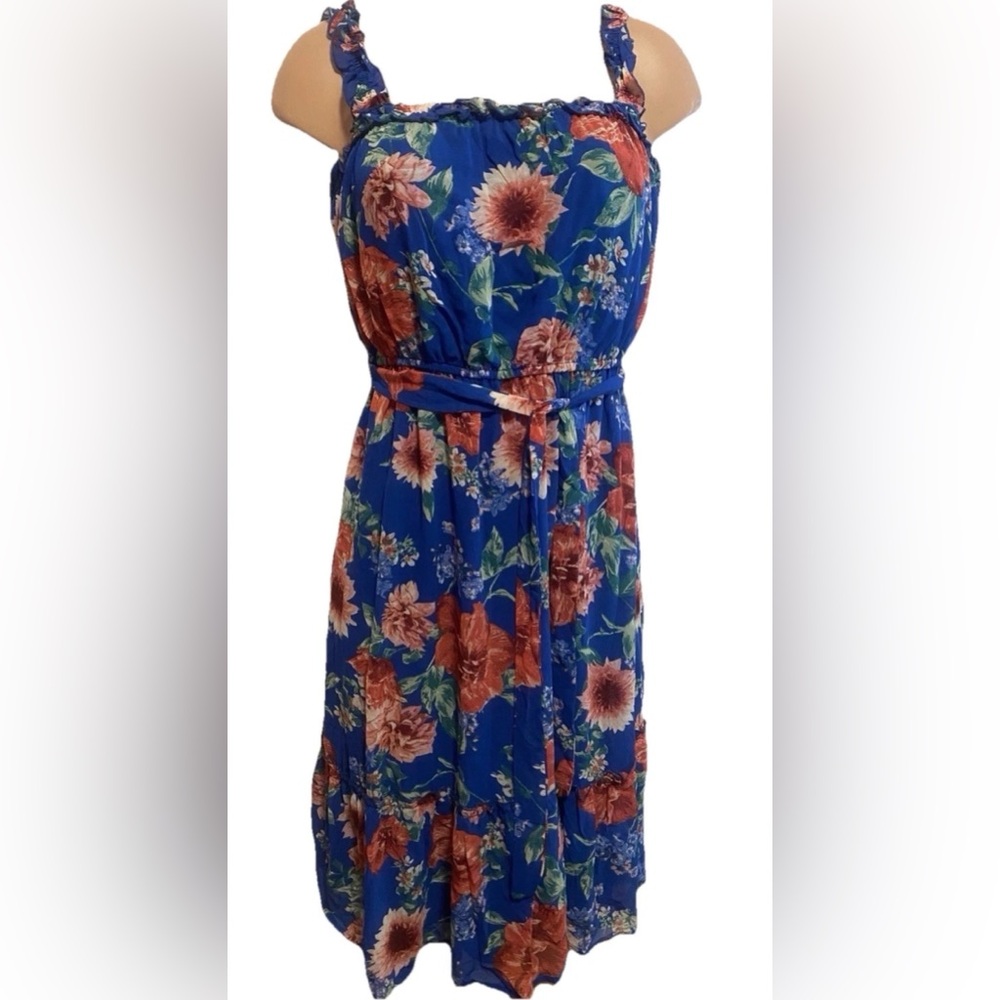 Luxology Blue Red‎ Floral Cottage Core Ruffle Midi Sundress – Boho Resort Size M
